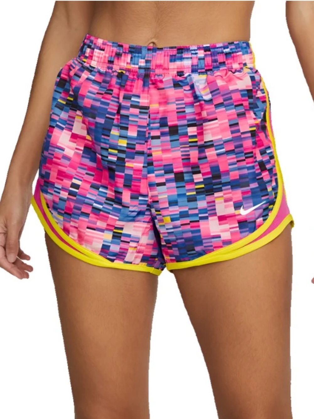 Nike Dri-Fit Pixel-Print Athletic Running Shorts, Pink with Yellow Piping